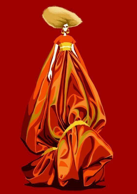 Bold couture: A stunning red-orange gown illustration that celebrates dramatic volume and fearless style.